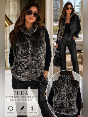 Reversible Faux Fur Snow Leopard Vest Black Vegan Jacket Size Small by Fuda
